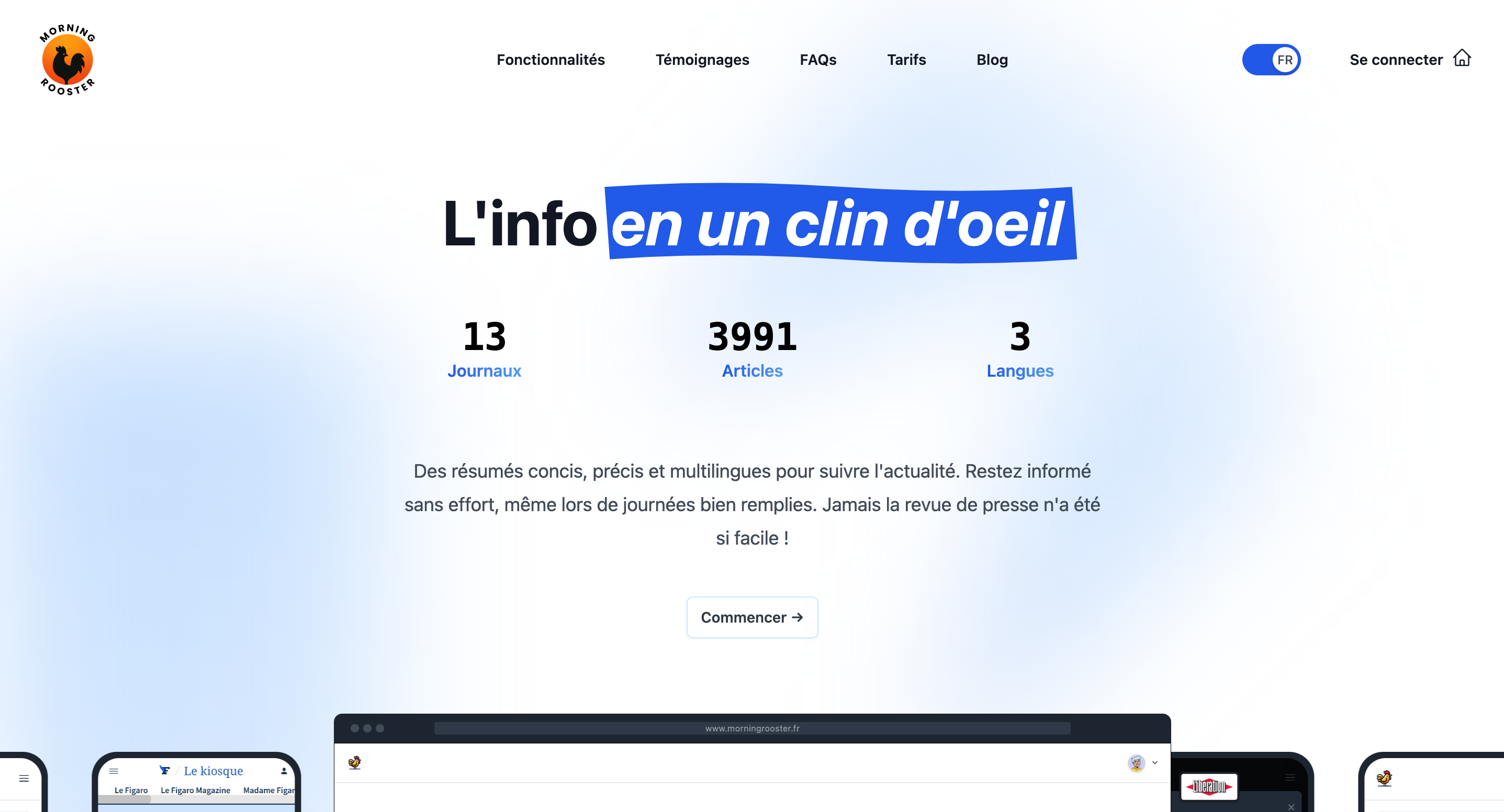 Screenshot de la landing page de Morning Rooster