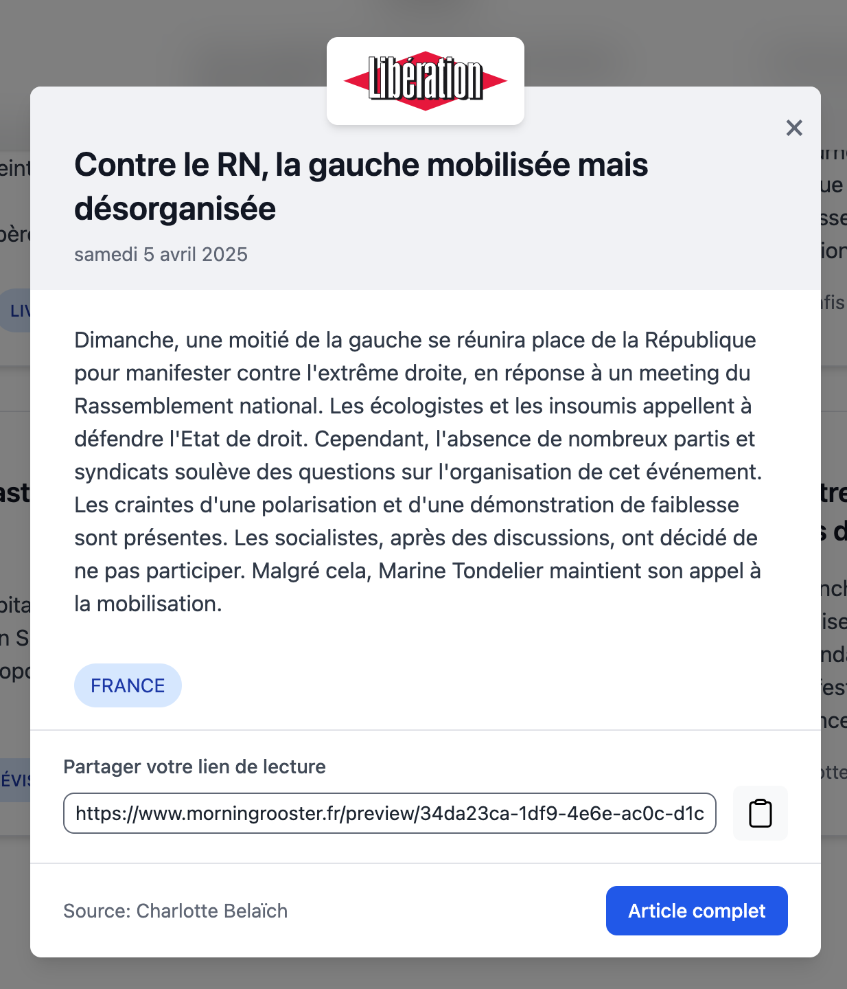 Screenshot du détail d'une actualité