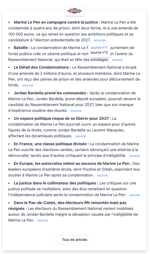 Screenshot du survol du mot 'source' avec la liste des articles